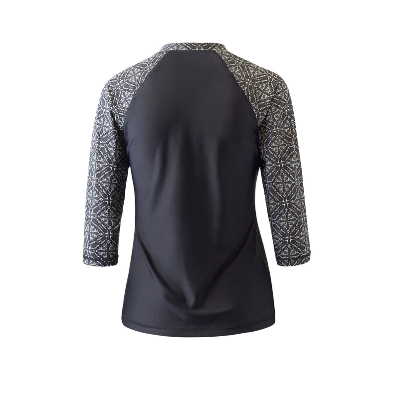 back of the women's v-neck 3/4 swim shirt in black medallion|black-medallion