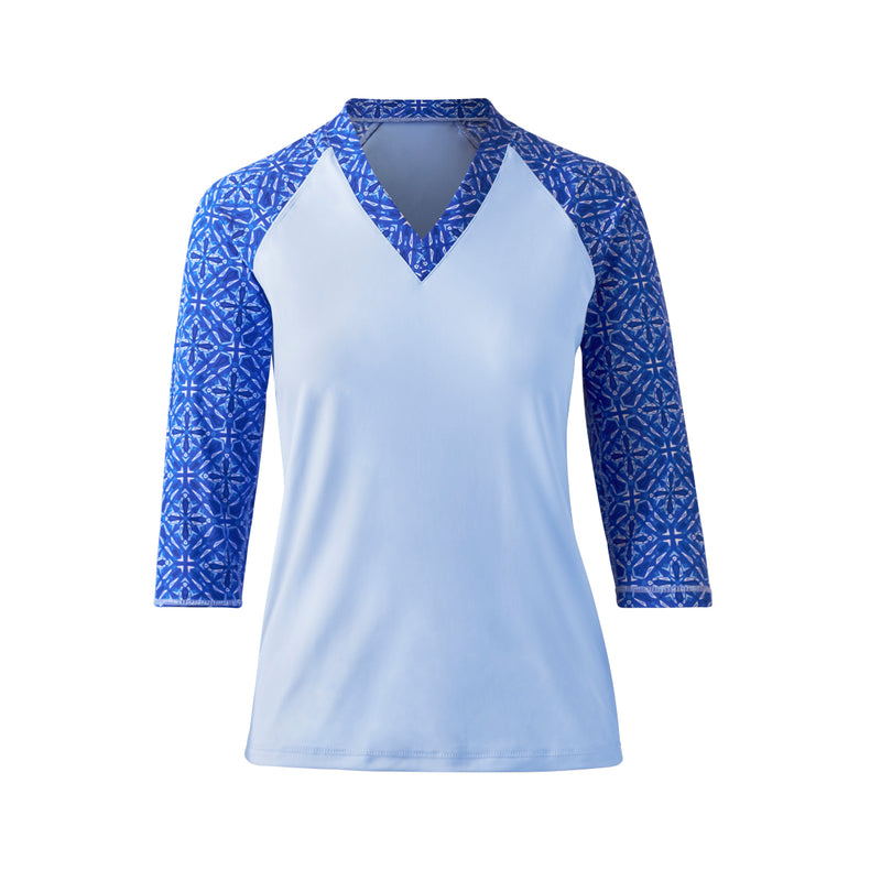 women's v-neck 3/4 swim shirt in sapphire medallion|sapphire-medallion