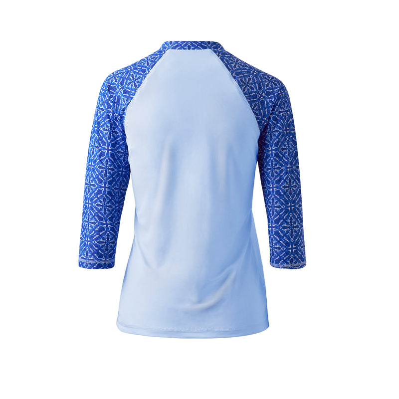 back of the women's v-neck 3/4 swim shirt in sapphire medallion|sapphire-medallion
