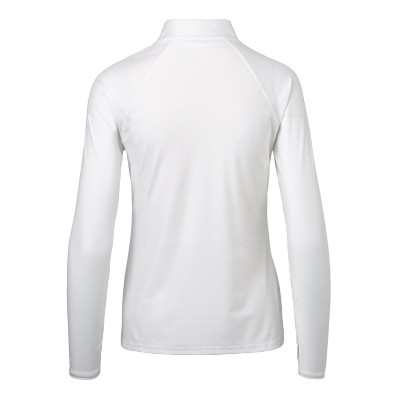 back of the women’s long sleeve quarter zip swim shirt in white|white