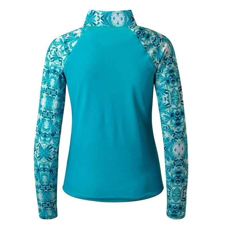 Back of the Women's Long Sleeve Quarter Zip Sun/Swim Shirt in Caribbean Prism|caribbean-prism