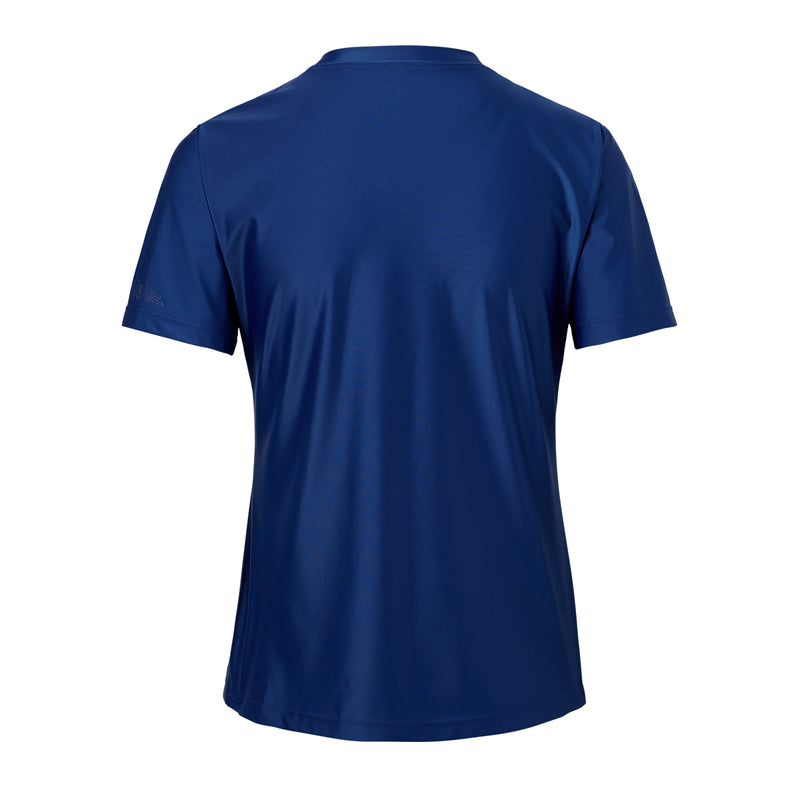 Back of the women's quarter zip crew swim shirt in navy blue|navy-blue