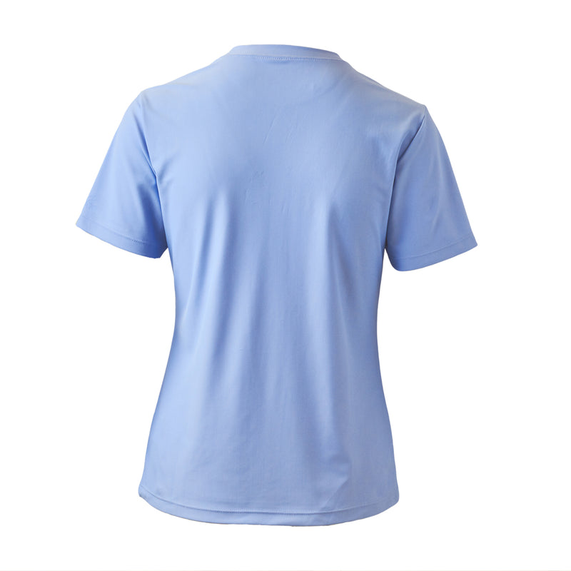 back of the women's quarter zip crew swim shirt in blue mist|blue-mist
