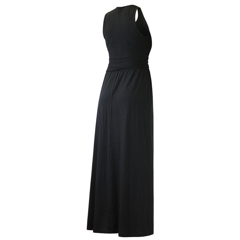 back of the woman's v-neck maxi dress in black|black
