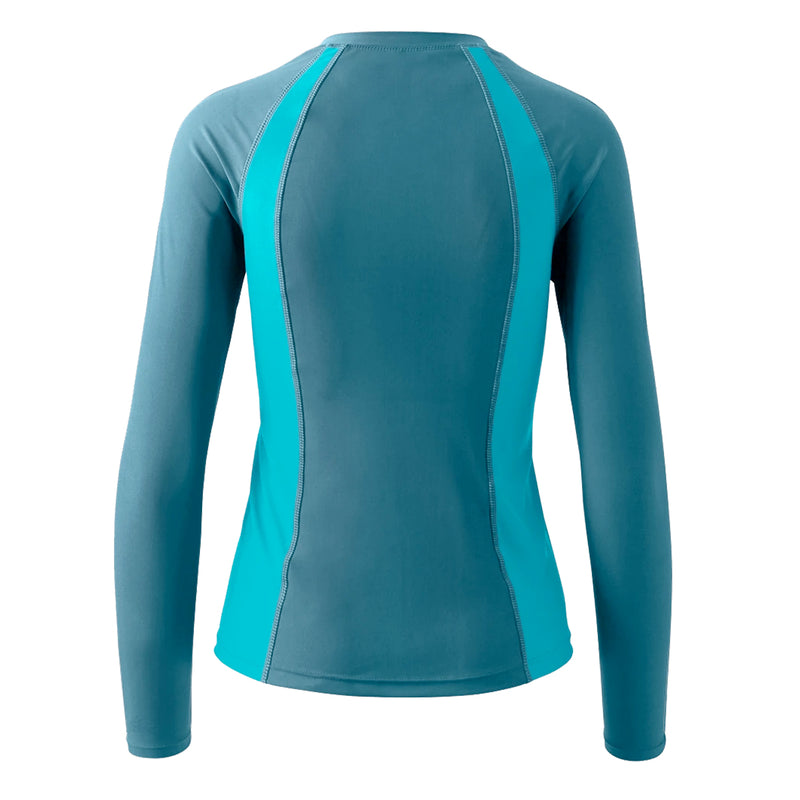 back of the women's long sleeve rash guard in dark teal|dark-teal