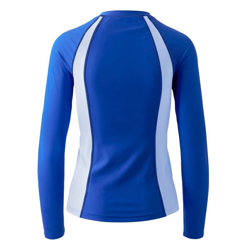 back of the women's long sleeve rash guard in sapphire|sapphire