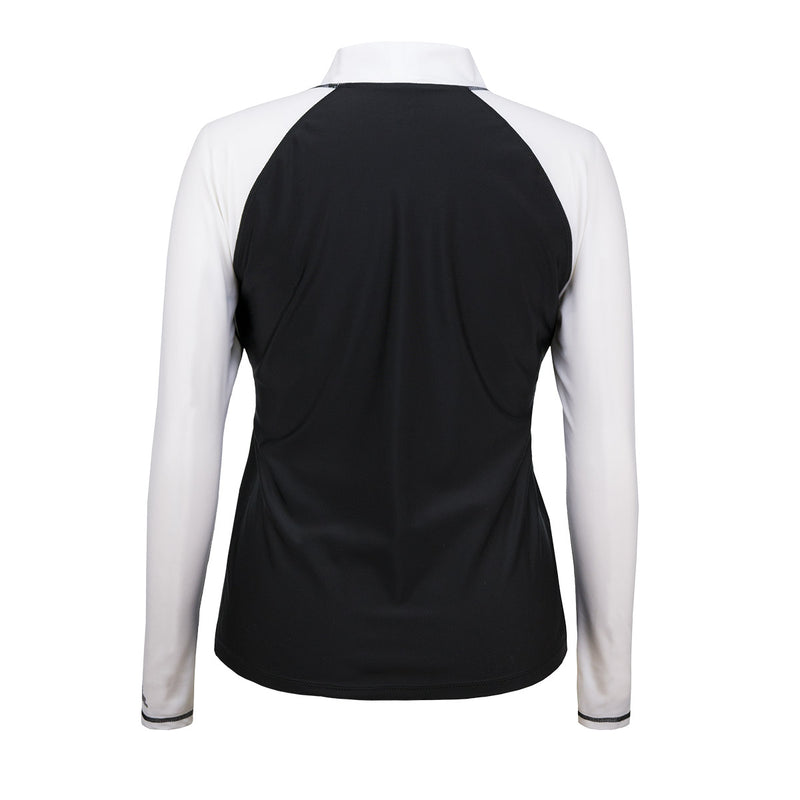 back of the women's rash guard in black white|black-white