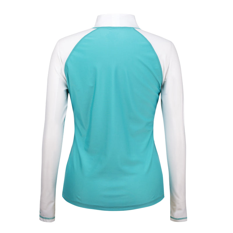 back of the women's long sleeve swim shirt in teal white|teal-white