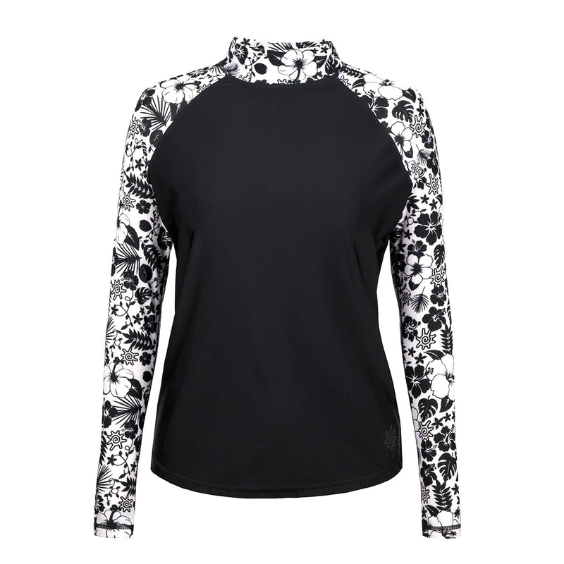 Women's Aloha Long Sleeve Sun & Swim Shirt in Black Aloha|black-aloha