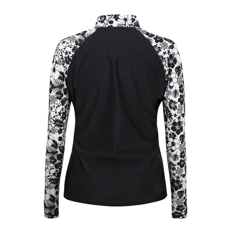 Back of the Women's Aloha Long Sleeve Sun & Swim Shirt in Black Aloha|black-aloha