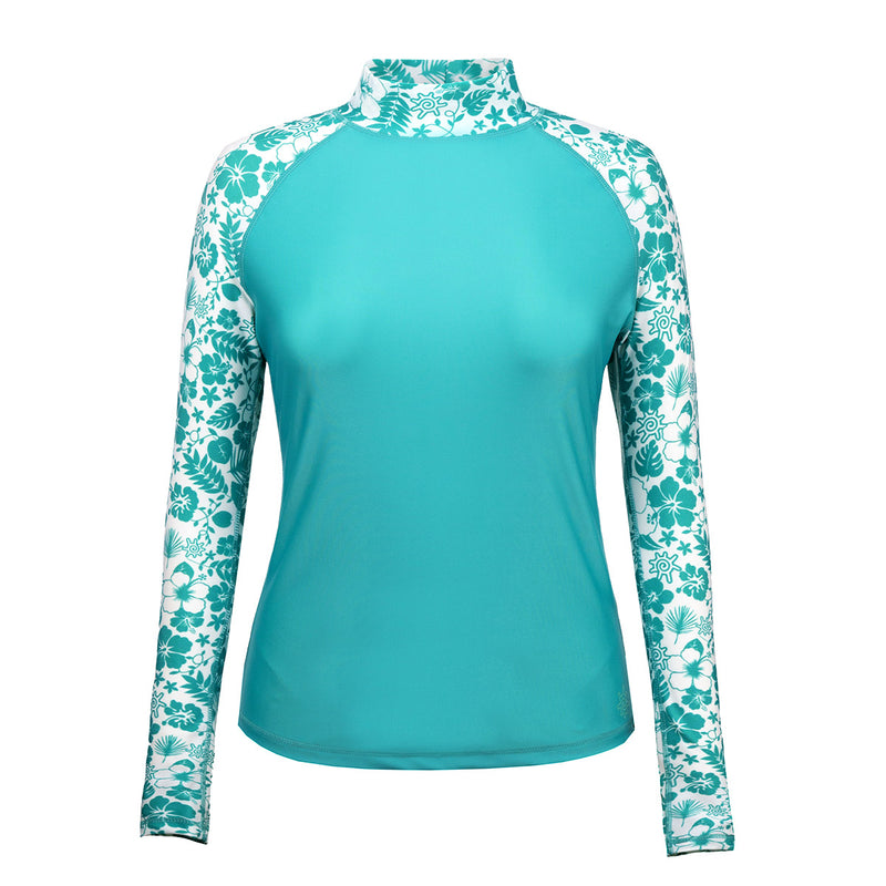 Women's Aloha Long Sleeve Sun & Swim Shirt in Teal Aloha|teal-aloha