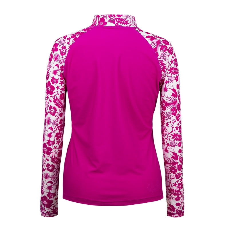 Back of the Women's Aloha Long Sleeve Sun & Swim Shirt in Hot Pink Aloha|hot-pink-aloha