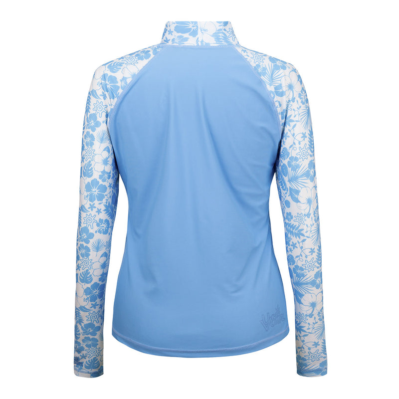 Back of the Women's Aloha Long Sleeve Sun & Swim Shirt in Sky Blue Aloha|sky-blue-aloha