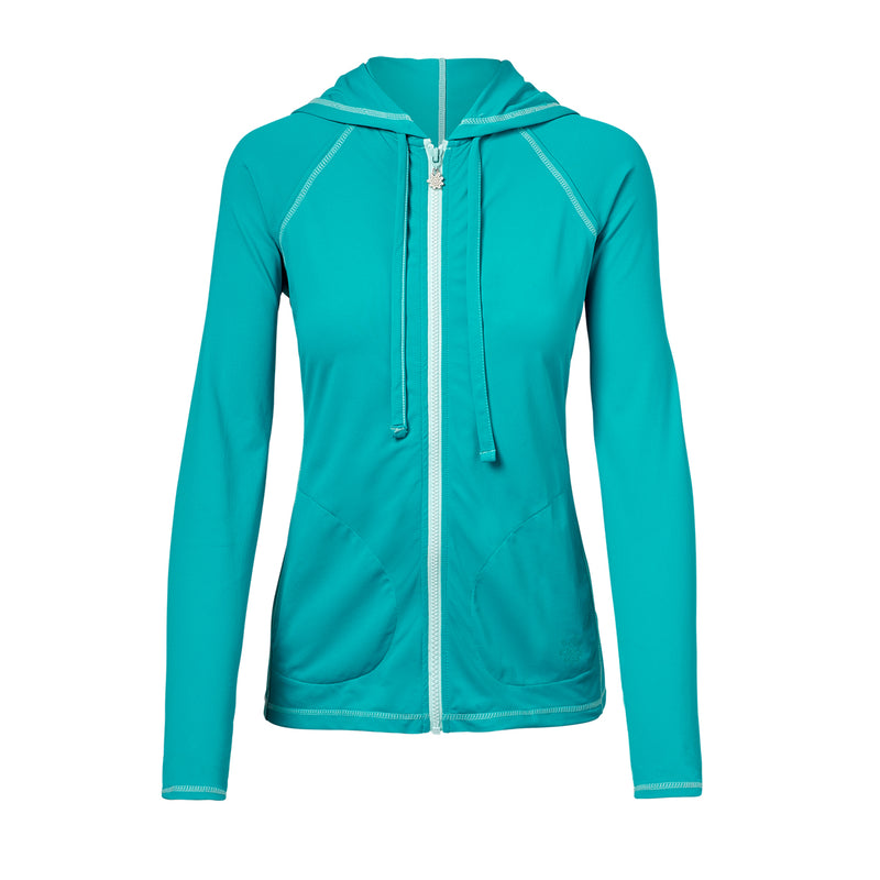 UV Skinz's women's hooded water jacket in teal|teal