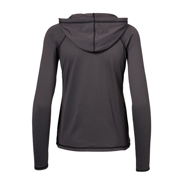 back of the UV Skinz's women's hooded water jacket in charcoal|charcoal