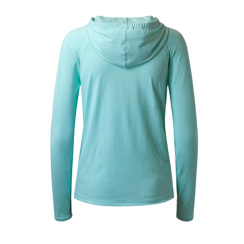 back of the UV Skinz's women's hooded water jacket in beach glass|beach-glass
