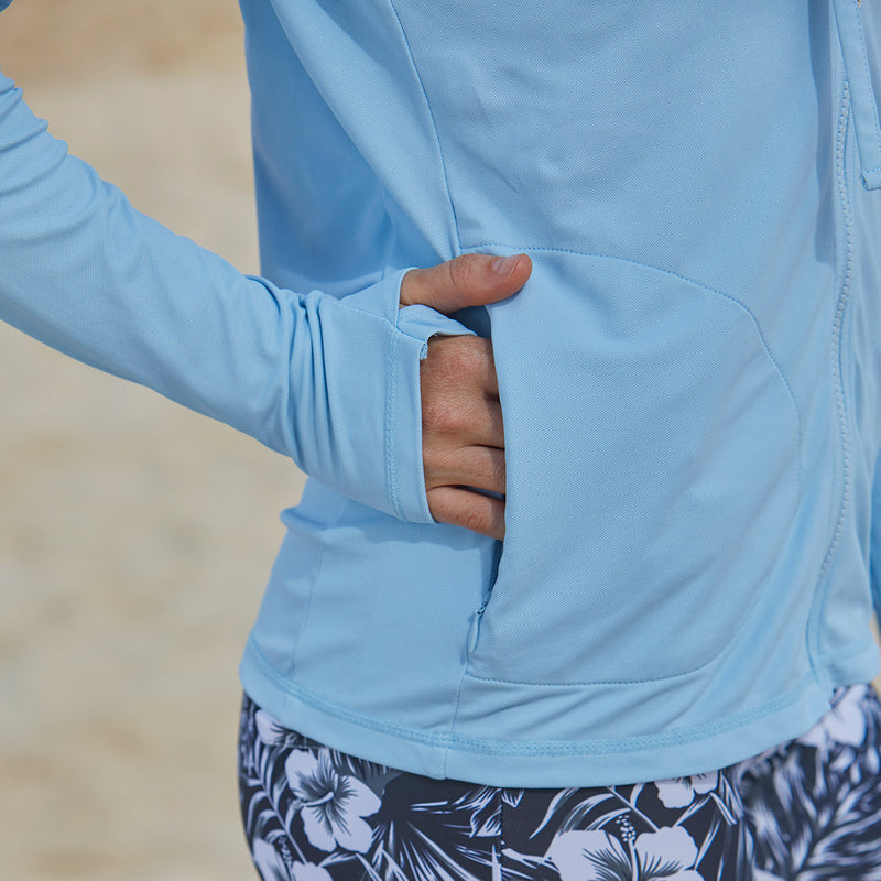 Close up of UV Skinz's women's hooded water jacket in clear sky|clear-sky