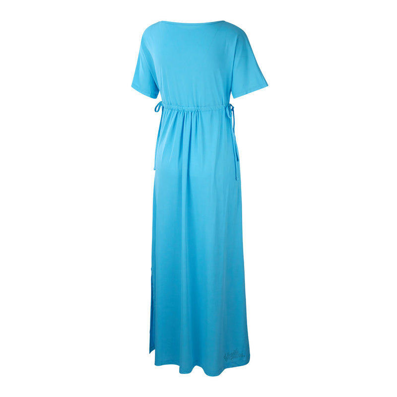 back of the women's maxi dress in aqua|aqua