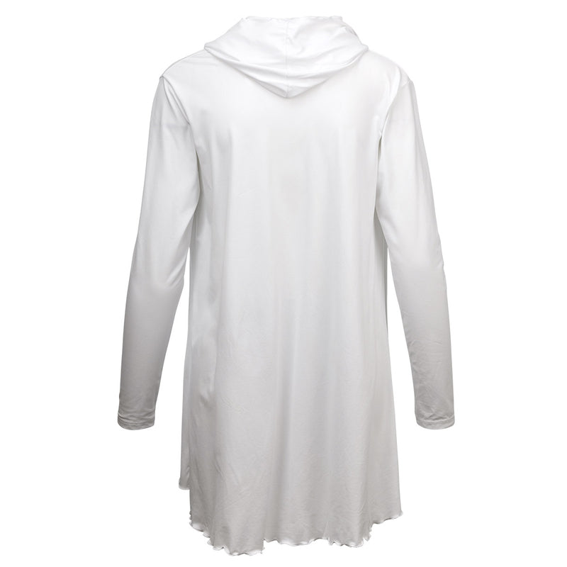 Back of the women's hooded beach cover up in white|white