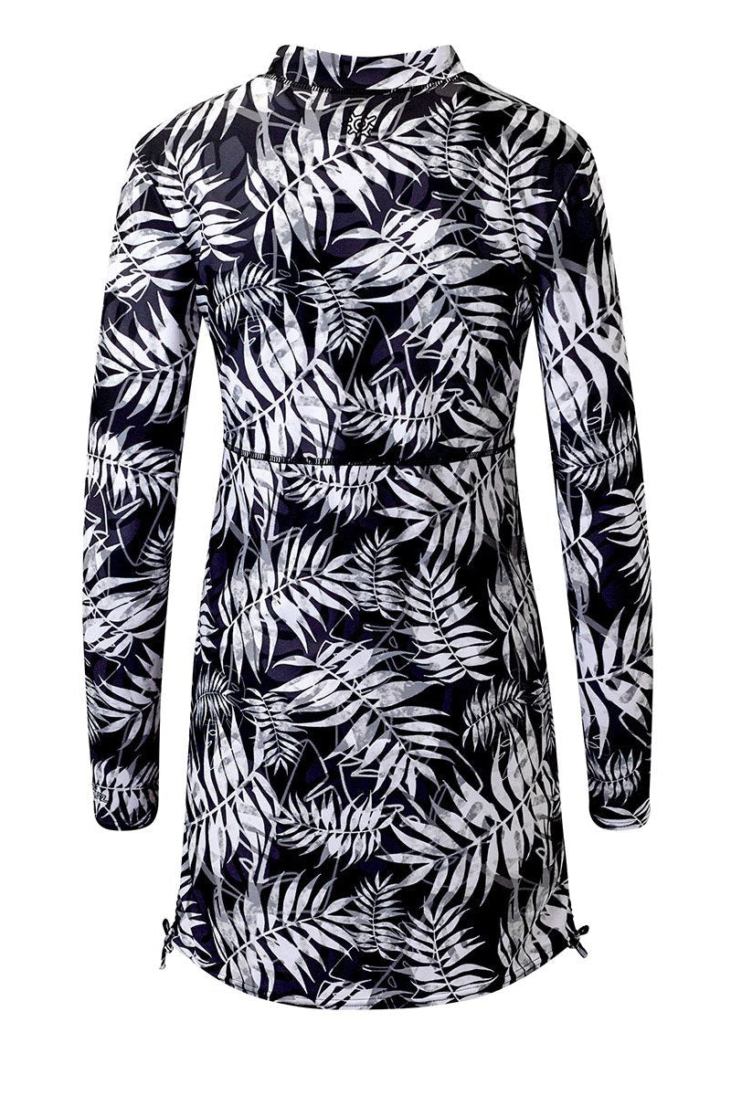 back of the women's swim dress in black palms|black-palms