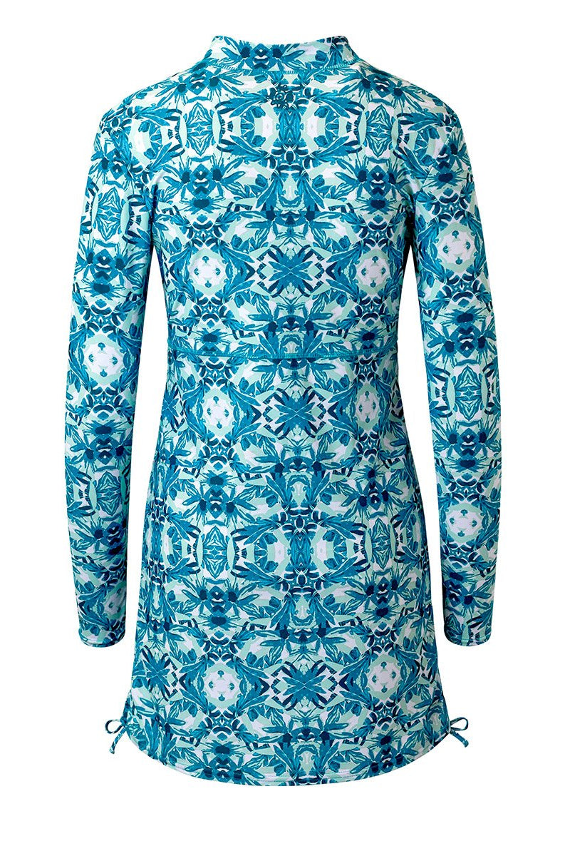 back of the women's swim dress in caribbean prism|caribbean-prism