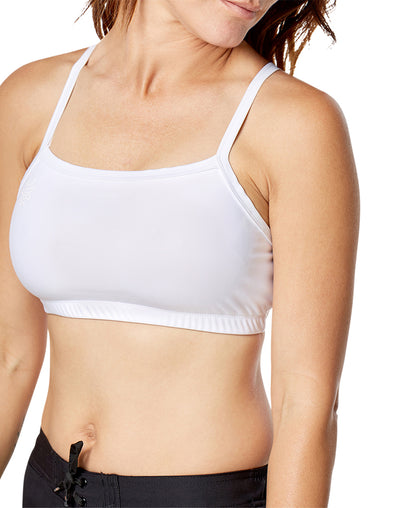 Woman wearing UV Skinz's swim bra in white|white