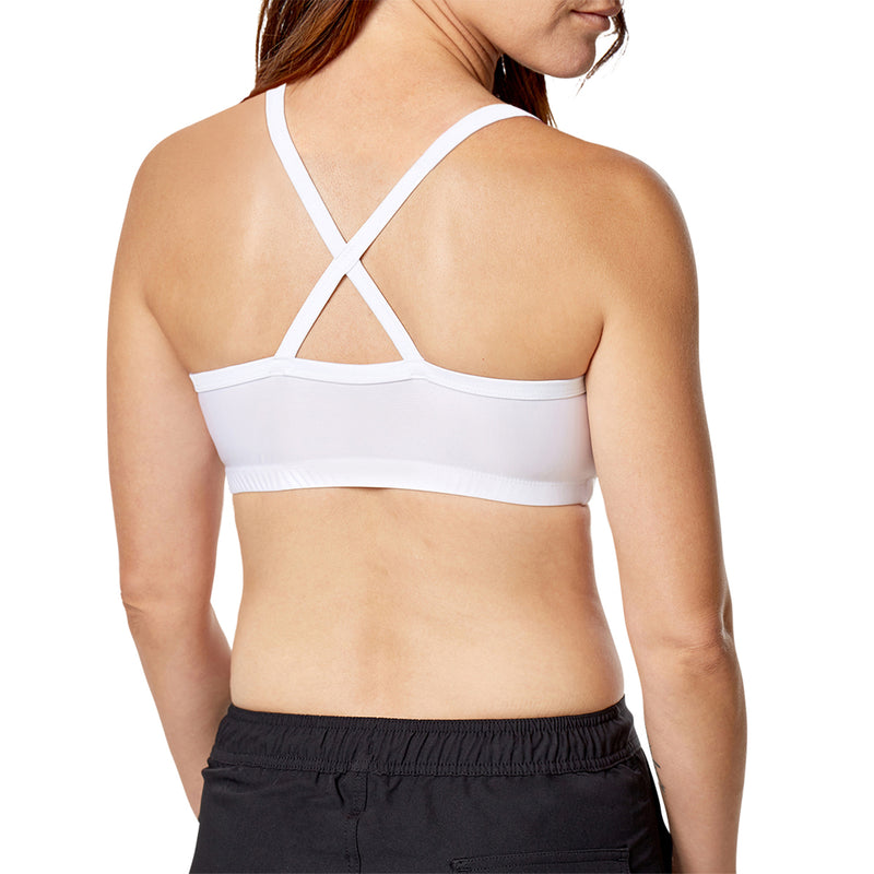 Back view of a woman wearing UV Skinz's swim bra in white|white