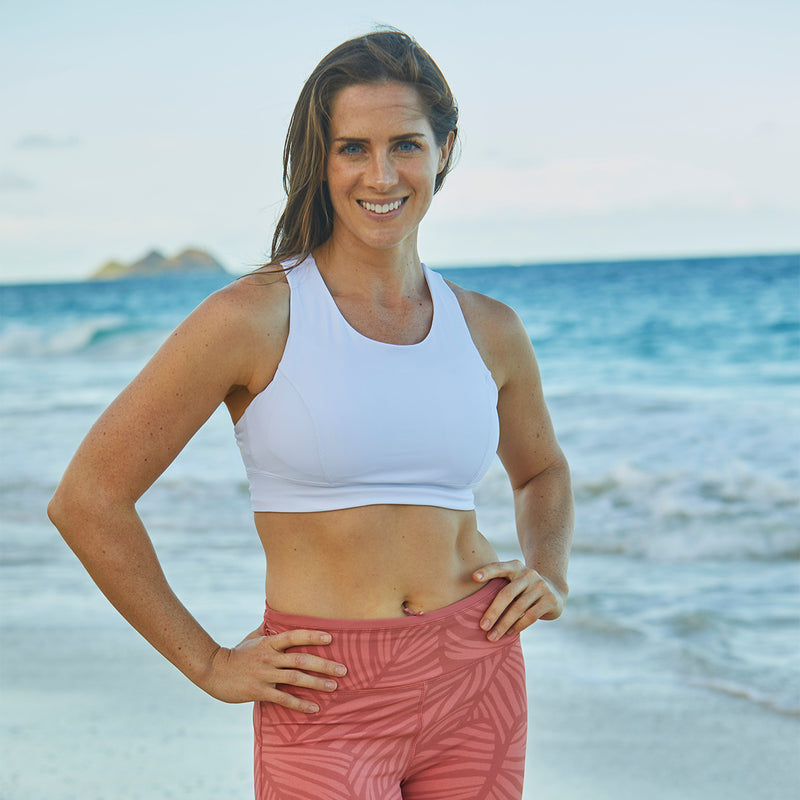 Woman Near the Ocean in the Women's Active Swim Bra in White|white