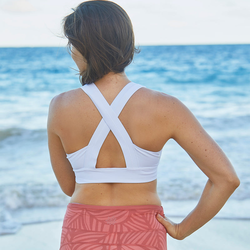 Back of a Woman on the Beach in the Women's Active Swim Bra in White|white