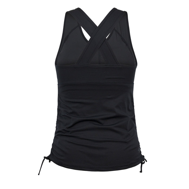 Back of women's ruched swim tank top in black|black