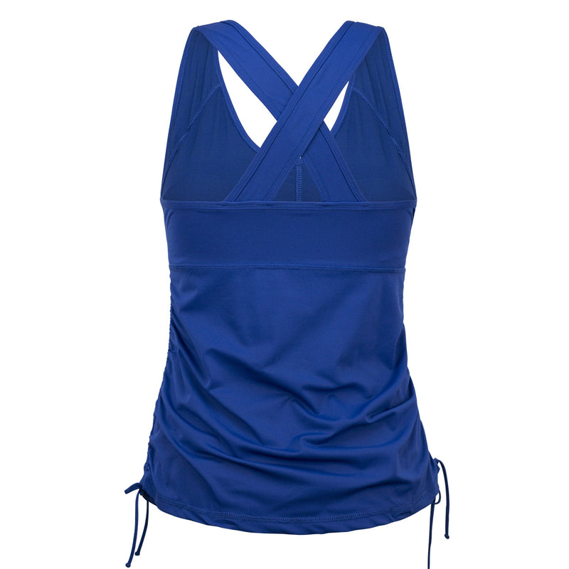 Back of women's ruched swim tank top in navy blue|navy-blue