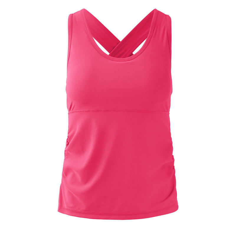 women's ruched swim tank top in berry|berry