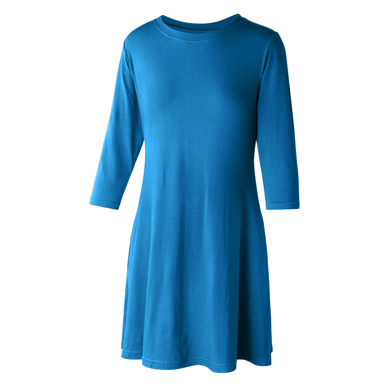 Women's 3/4 Sleeve Swing Dress in Mykonos Blue|mykonos-blue