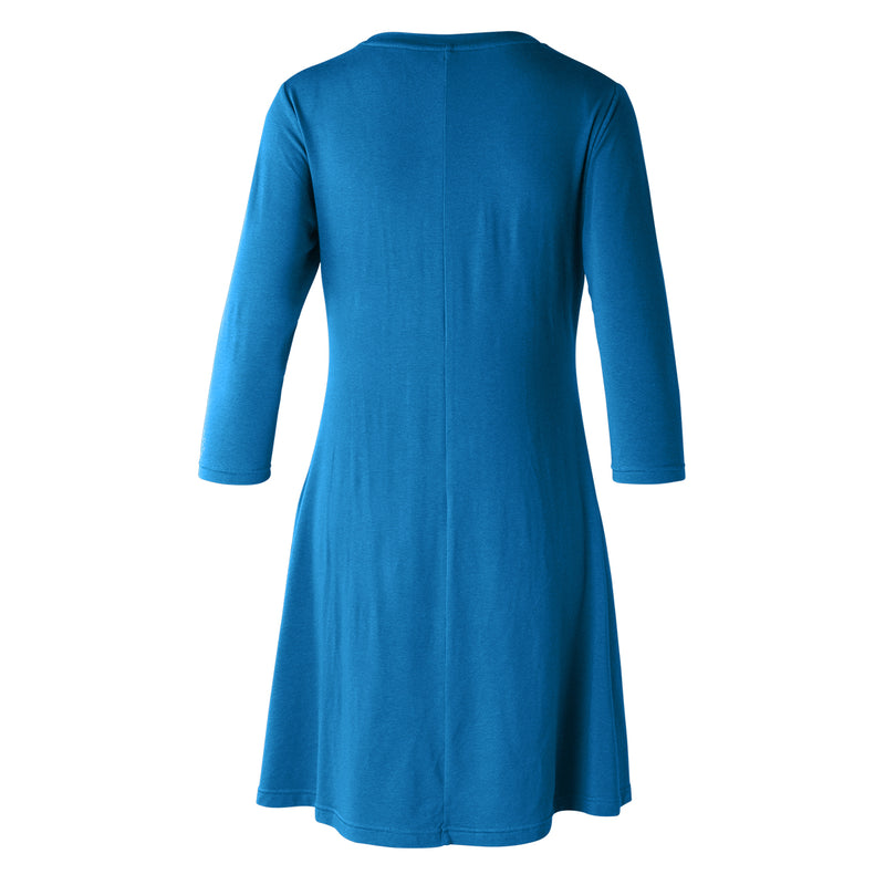 Back of the Women's 3/4 Sleeve Swing Dress in Mykonos Blue|mykonos-blue