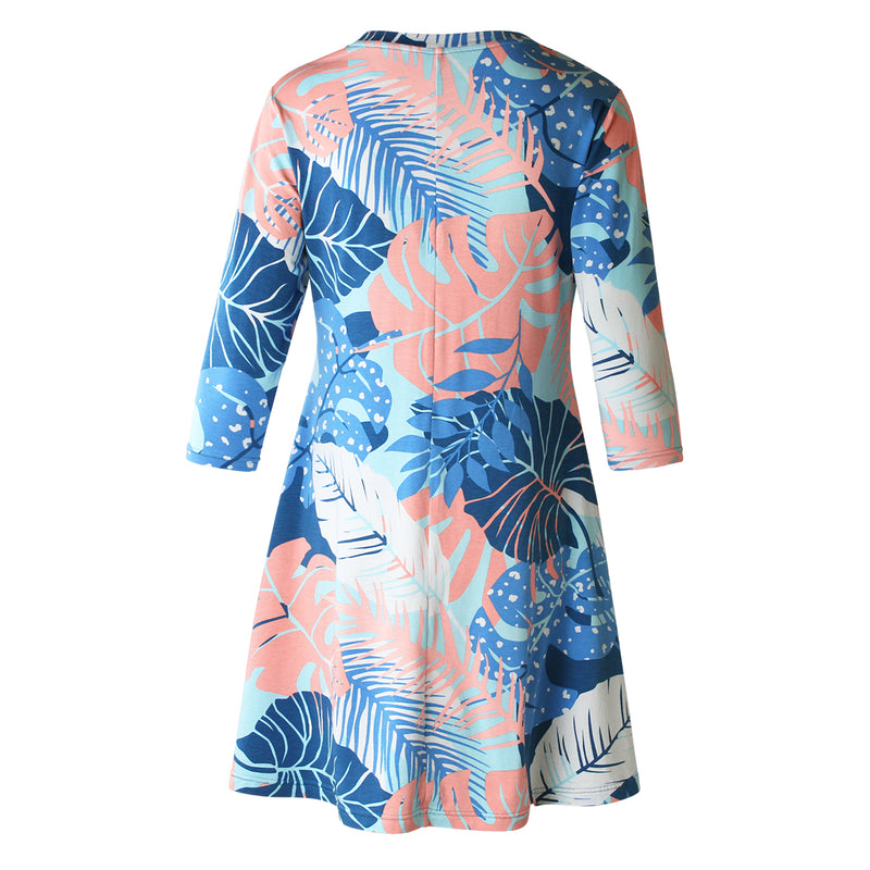 Back of the Women's 3/4 Sleeve Swing Dress in Ocean Botanical|ocean-botanical