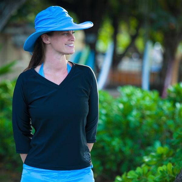 Woman in a sky blue UPF 50+ swim hat|sky-blue