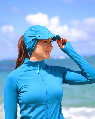 Women's Active Ponytail Fleece Hat in Mykonos Blue|mykonos-blue