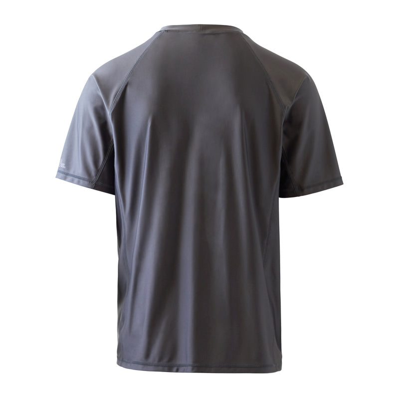 back view of the men's short sleeve swim shirt in charcoal|charcoal