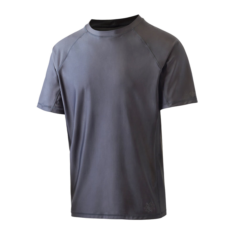 side view of the men's short sleeve swim shirt in charcoal|charcoal