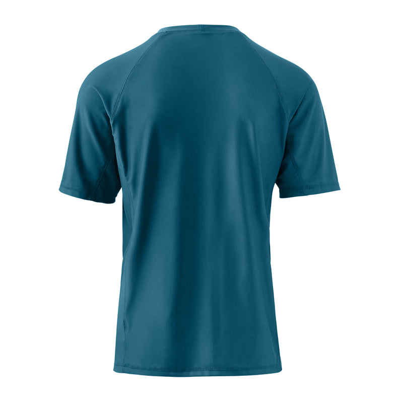 back view of the men's short sleeve swim shirt in dark teal|dark-teal