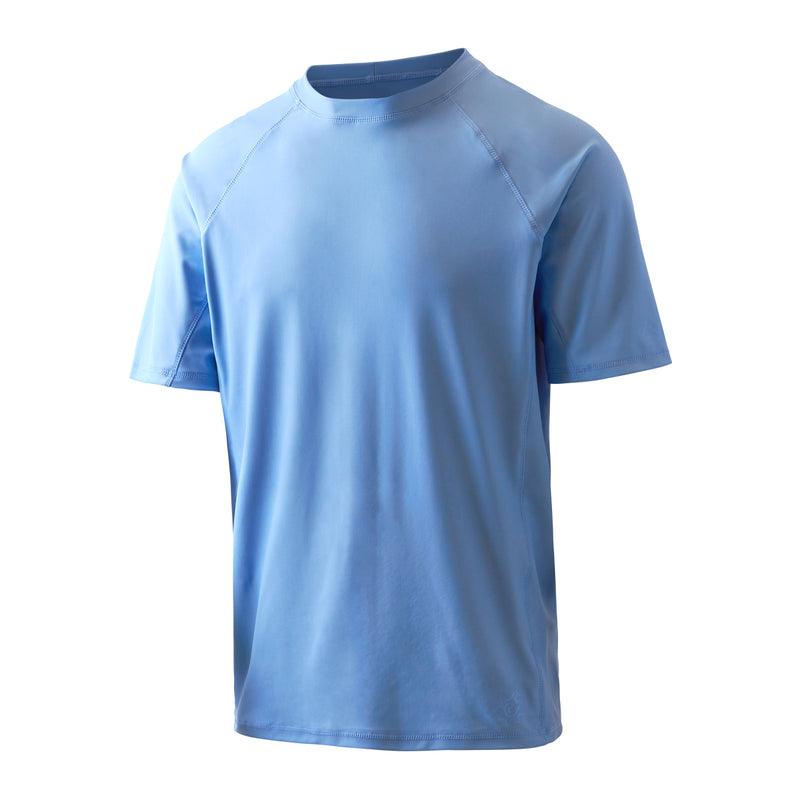 side view of UV Skinz's men's short sleeve swim shirt in light blue|light-blue