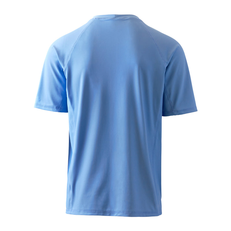 back view of UV Skinz's men's short sleeve swim shirt in light blue|light-blue