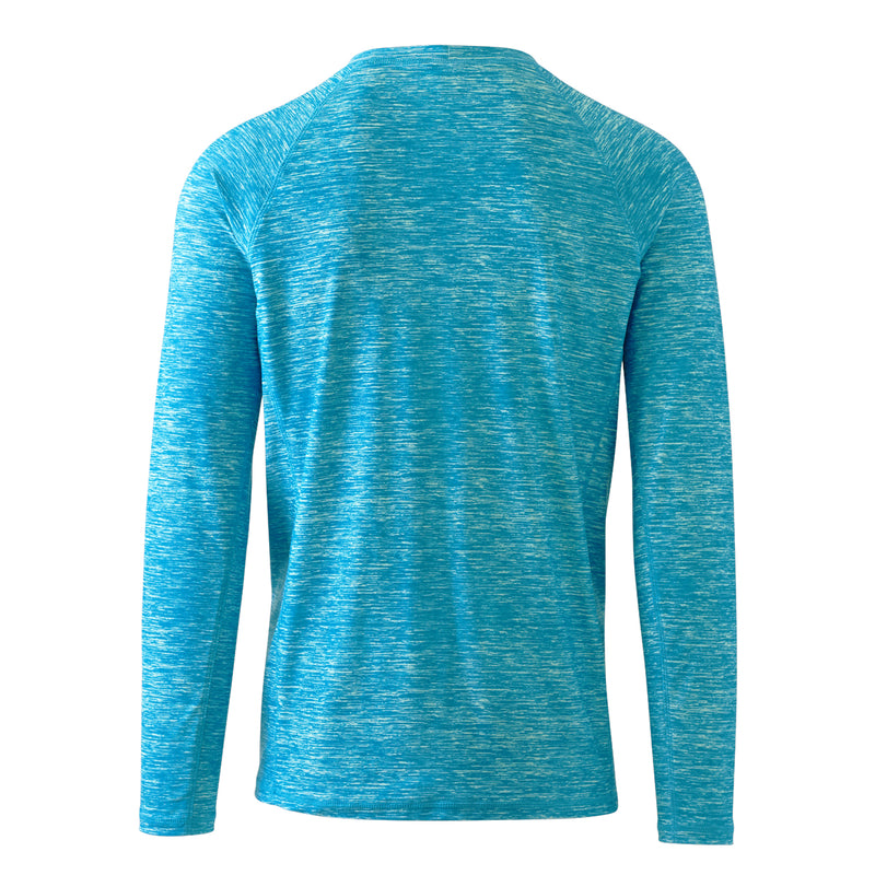 Back view of UV Skinz's men's long sleeve crew swim shirt in caribbean jaspe|caribbean-jaspe