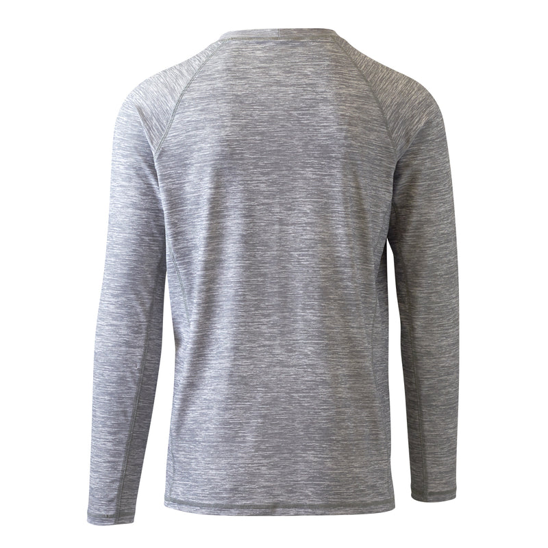 Back view of UV Skinz's men's long sleeve crew swim shirt in cool grey jaspe|cool-grey-jaspe