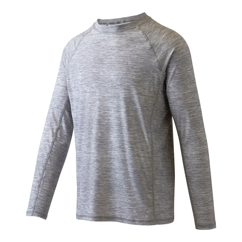 Side view of UV Skinz's men's long sleeve crew swim shirt in cool grey jaspe|cool-grey-jaspe