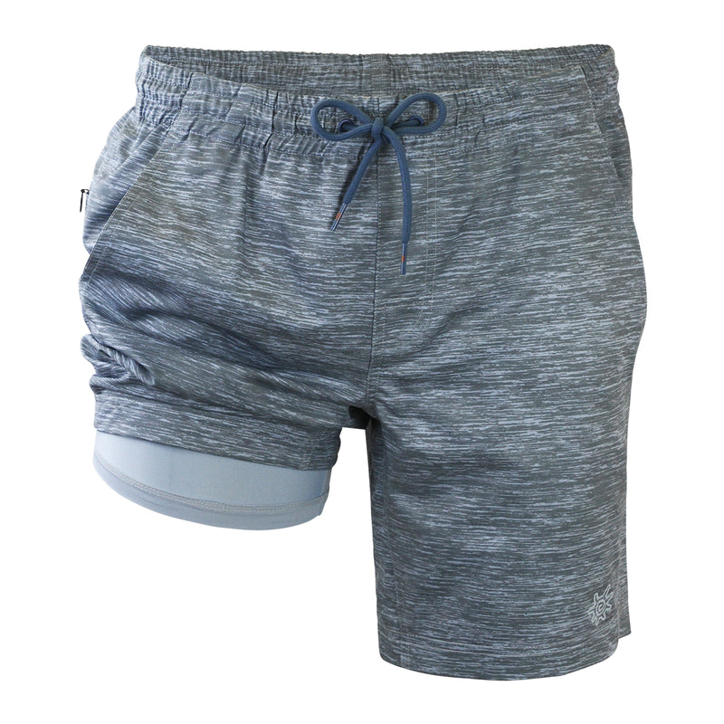Close up of the men's swim shorts with built in liner in dusty blue jaspe|dusty-blue-jaspe