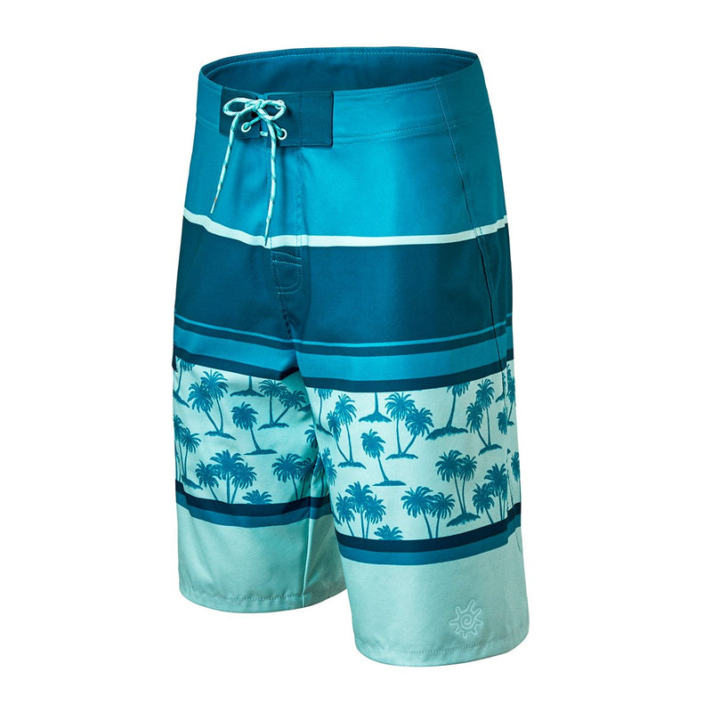 side view of the men's coastal board shorts in palm tree stripe|palm-tree-stripe