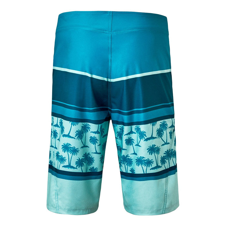 back view of the men's coastal board shorts in palm tree stripe|palm-tree-stripe