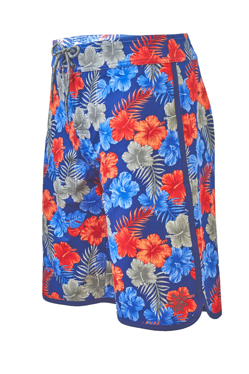 Side view of the men's retro board shorts in americana hibiscus|americana-hibiscus