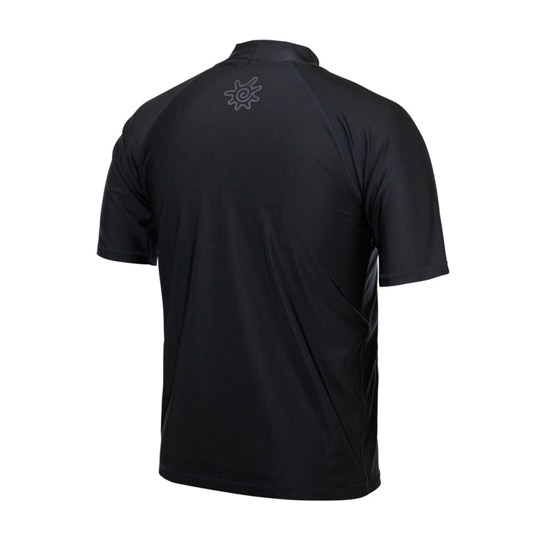 back of the men's short sleeve swim shirt in black|black